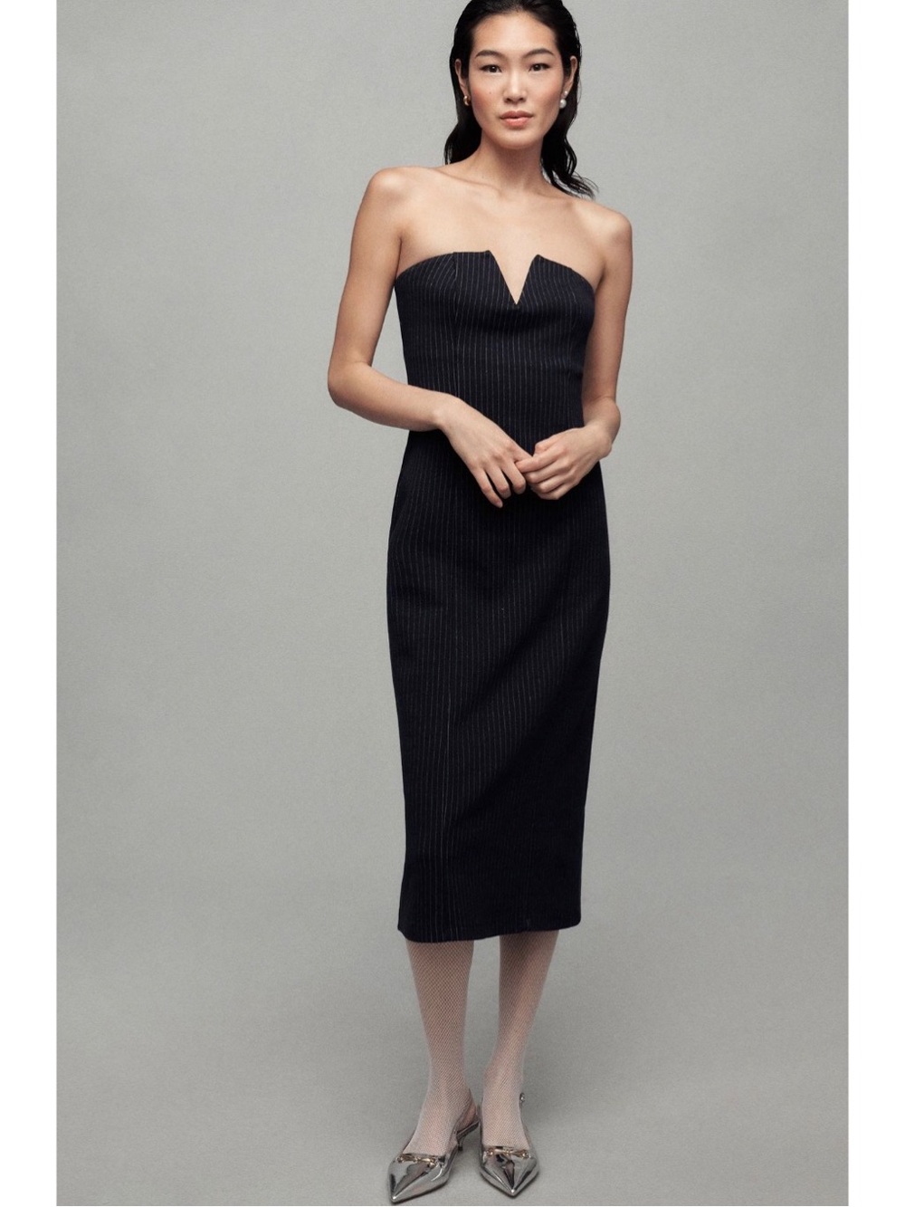 Anthropologie Strapless Pinstripe Midi Dress Navy Menswear 8